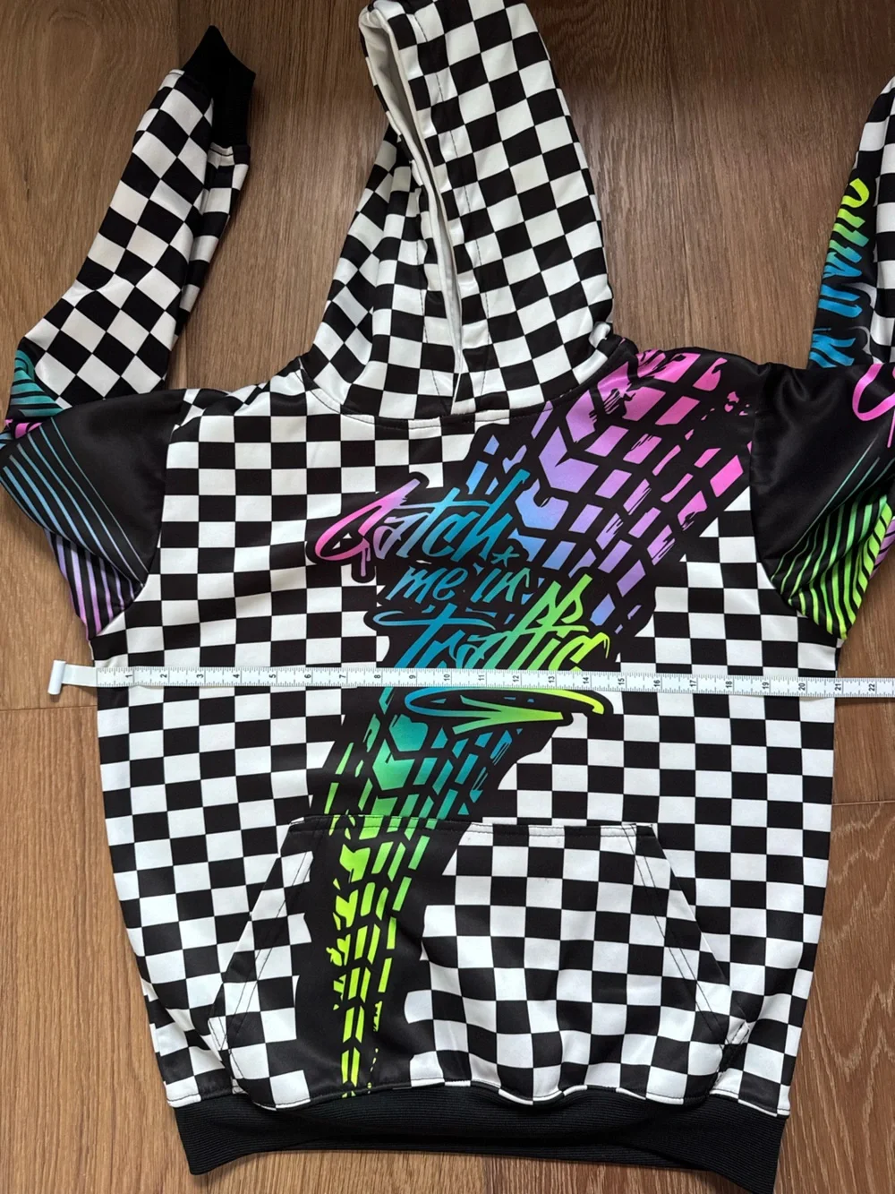 Checkerboard Hooded Sweatshirt with Neon Script CMIT Bike Catch Me in Traffic